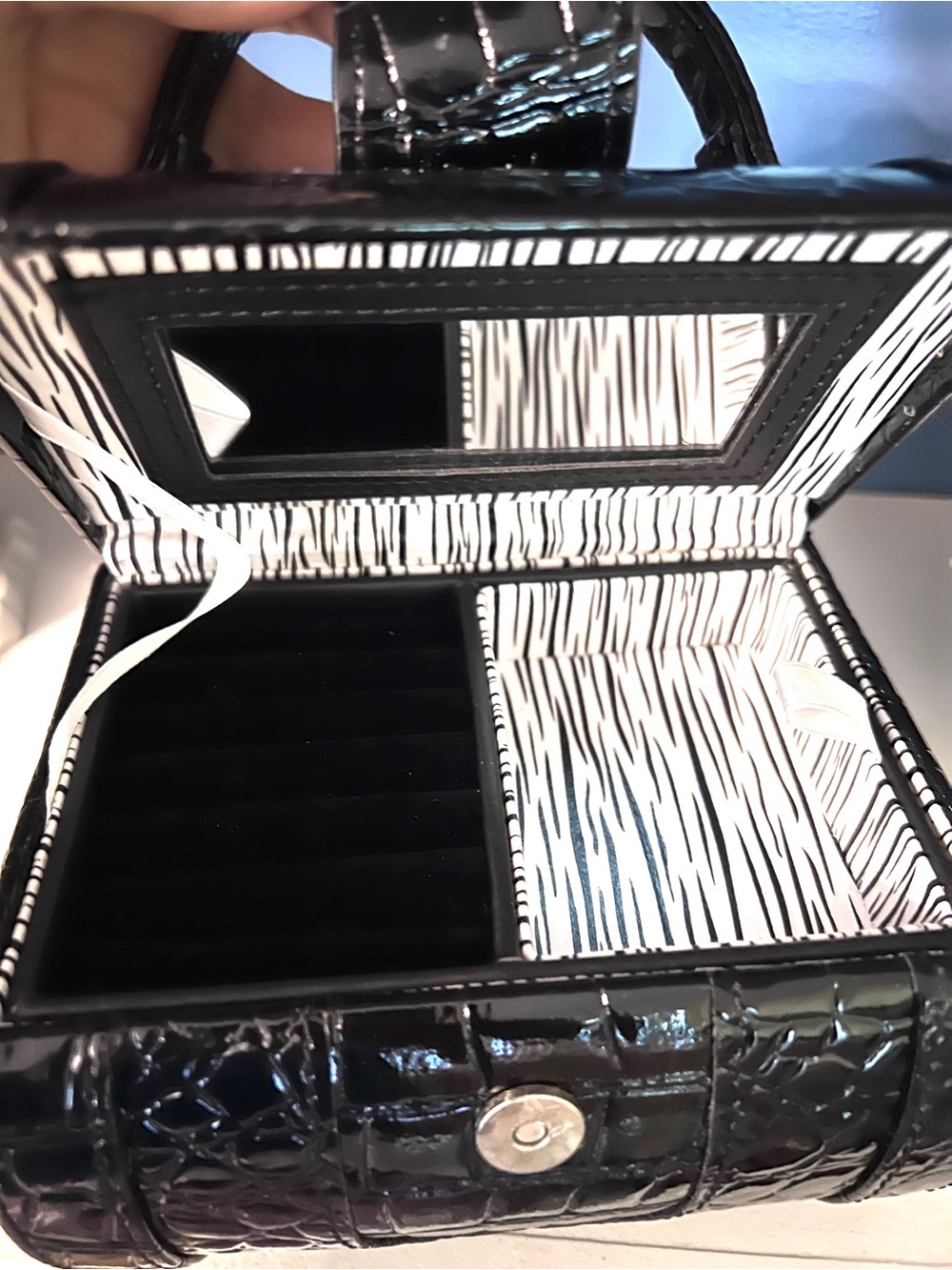 Black Faux-Croc Travel Barrel Jewelry Box with Zebra Lining